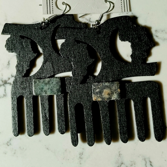 NEW Earrings Featuring Agate Stone! Wood. African Comb Design. Natural Hair. - Picture 4 of 5